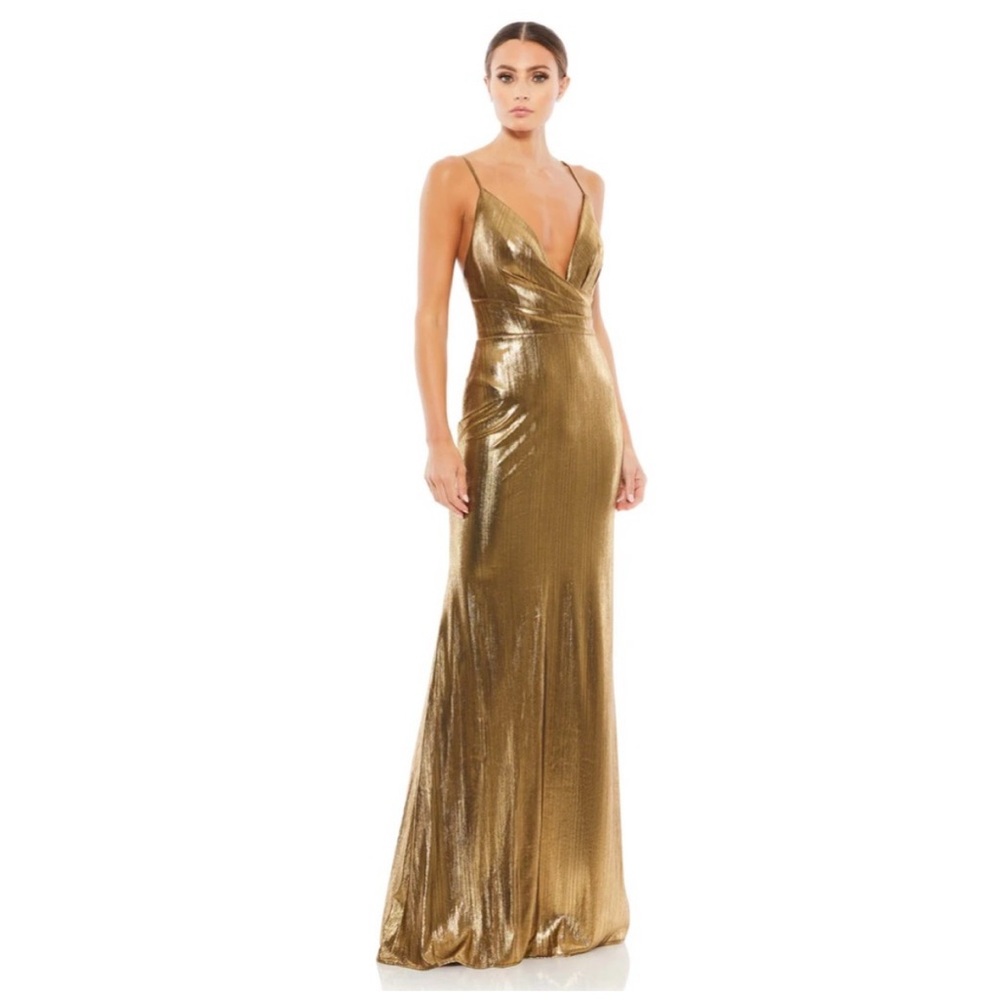 COPY - Mac Duggal 26408 METALLIC FAUX WRAP
SPAGHETTI STRAP GOWN